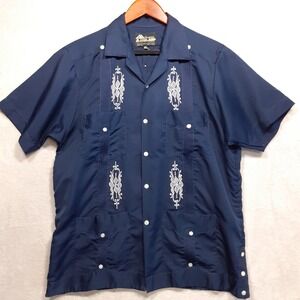 Guayaberas Mayaland Mens SS Panel Button Shirt Sz.40/Blue-White Large